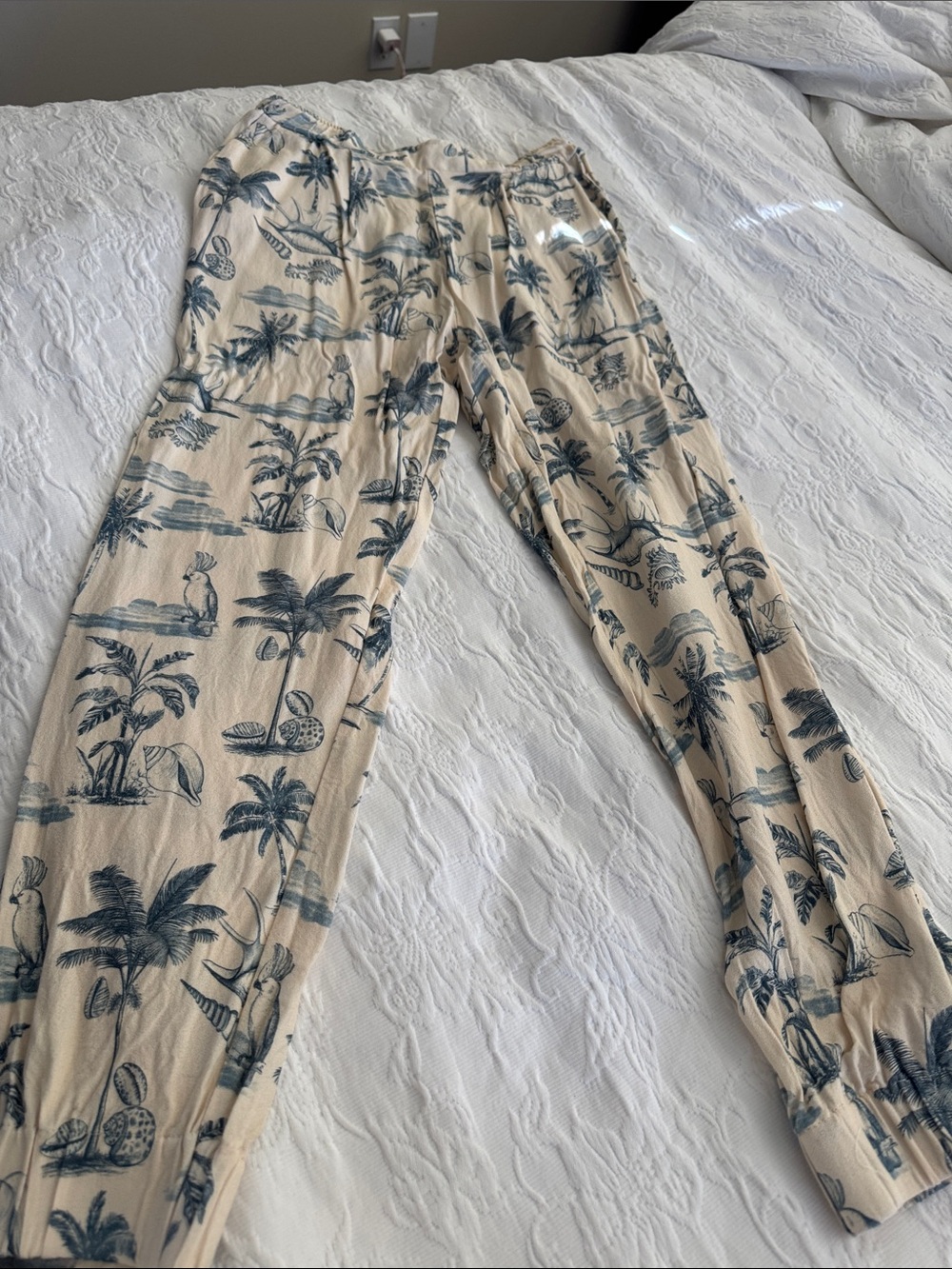 Womens Cream  blue Tropical Print Jogger Pants. From Brazil resort wear